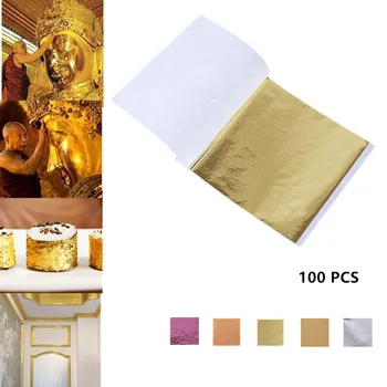 100PCS Folha de Ouro, Folhas de papel alumínio Para a Decoração do Bolo Facial tampa de Artes de Ofícios de Papel para Casa Imitação Folha de Ouro Dourado