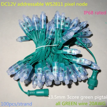 100pcs/set DC12V endereçável 12mm WS2811 led smart pixel nó,da cor cheia do RGB;tudo VERDE 20AWG)de fio,IP68;13,5 mm pigtail