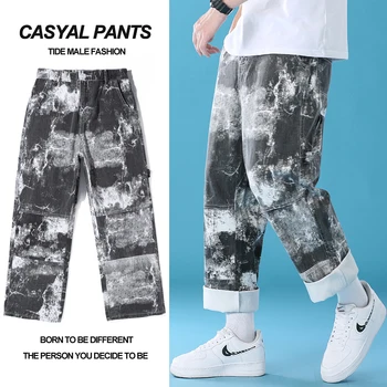 2021 dos rapazes nova marca de moda tie-dye solto em linha reta-leg jeans moda casual plus size 100% algodão de grande perna de calça