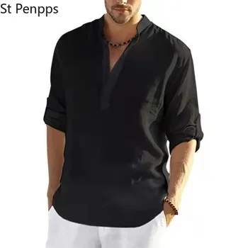 2022 Nova empresa, masculina Casual Blusa de Algodão Camisa de Linho Solta Tops de Manga Longa Camiseta Primavera, Outono Casual Bonito Camisas masculinas