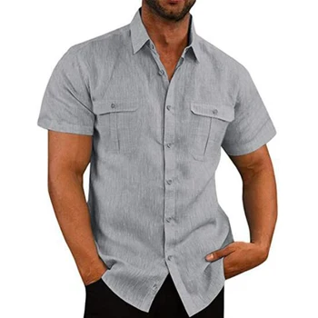2023 Homens Camisas de Manga Curta o Verão com Cores Sólidas Colar de pé Casual Estilo Praia Plus SizeMale de Algodão, Camisas de Linho M-5XL
