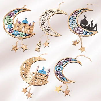2023 Muçulmano de EID Mubarak Decoração Enfeite de Madeira Lua Castelo Pingente Gurbang Kareem Ramadã Decoração para a Casa do Eid Al Adha Presente