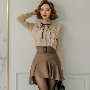 2023 Nova Moda Outono Deusa Conjuntos Mulheres Perspectiva Babados Chiffon Tops + Cintura Alta Mini-Coreano Folhas Saia Feminina Ternos