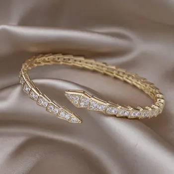2023 Novo design, moda jóias de ouro 14K plated copper embutidos zircão cobra abrir pulseira de luxo das mulheres de acessórios de festa