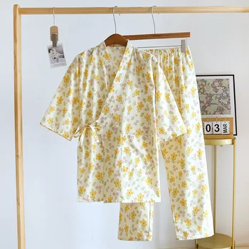 2023 Novo Quimono Japonês Conjunto de Primavera/Verão as Mulheres do Pijama Conjunto 100% Algodão, Gaze de Duas peças de Conjunto de Senhoras Roupão de banho, Casa de Pele Sleepwear