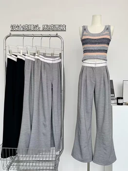 2023 Verão as Mulheres de Grey Calça com Retalhos de Calças Largas e Casuais Y2k Streetwear Vintage Calças Esportivas Execução Corredores Esportivos