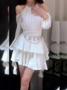 2023 Verão de Mulheres, de Vestido Branco no Pescoço, montado Mangas compridas coreano Moda Suspender Irregular Design Elegante Vestidos Curtos em Camadas