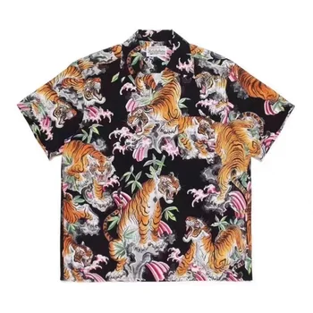 2023ss Novo Preto MALUCO MARIA Camisa do Tigre Com a Impressão de Flor Camisas de Verão de Manga Curta Tops Homens Mulheres Havaianas Camisas Oversized