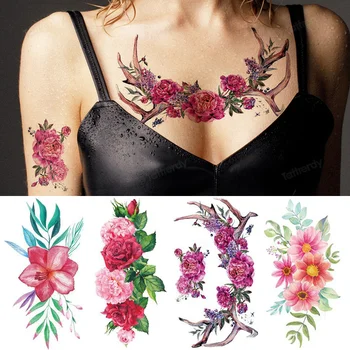 24 Tipos de Flores em 3D Tatuagem Temporária Impermeável Girassol Rose Corpo do artigo Etiqueta da Arte do Descartável Make Up Concealer tatouage temporaire