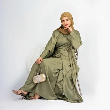 3 Peças Muçulmano Conjuntos de Eid Cetim Abayas para as Mulheres Dubai Hijab Vestido de Abrir Abaya Quimono Islâmica Modesto Roupas Envoltório Frente Maxi Saia