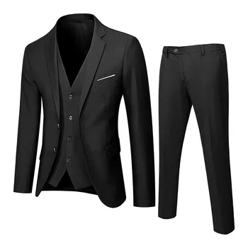 3pcs Jaqueta+calça+colete de Luxo Homens de Casamento Terno Masculino Blazer Slim Fit Ternos Para Homens Traje de Negócios, Festa Formal Clássico Preto