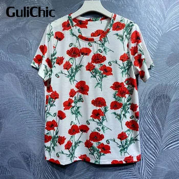4.7 GuliChic Mulheres De Manga Curta Lantejoulas Beading Estampa Floral Vintage T-Shirt