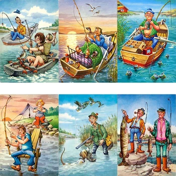 60x80cm Pintura Por Números Personagem de desenho animado Pescando Em Um Barco Diy artesanato feito à mão em Acrílico Imagem Por Números Decoração Home