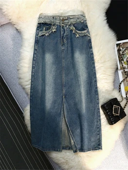 A coleção primavera / Verão Cintura Alta Vintage Borla Denim das Mulheres de Saias Longas 2023 Nova Frente de Botão de Divisão Jeans quebrar Uma Linha de Saias Femininas