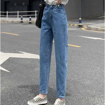 A primavera E o Outono da Mulher Casual Reta Calças coreano Moda Harém calças de Brim das Mulheres da Rua Vintage Solta a Perna Larga Calças