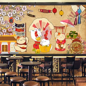 A sorte do Gato Sakura Cultura Japonesa Mural Papéis de parede Decoração Industrial Gourmet Restaurante de Sushi de Fundo, Papéis de Parede em 3D