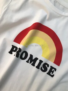 Algodão arco-íris e Promessa Letra Imprimir T-Shirt - 2019ss Mulheres de Estilo francês, Gola Redonda, Manga Curta Tees Topo