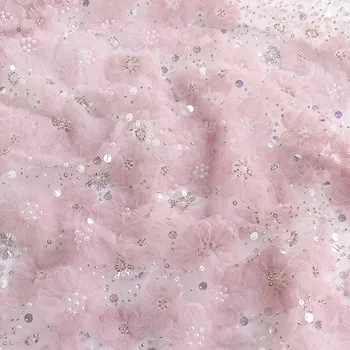 Alta Qualidade de cor-de-Rosa Púrpura Malha Frisado Bordado de Lantejoulas Tecido do Laço de Noiva de Tule Tecido do Laço DIY Acessórios Largura 125cm 1Yard