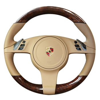 alta qualidade de Não-Deslizamento de Couro pêssego grão de madeira Costurado a Mão do carro Cobertura de Volante De um Porsche Cayenne Panamera 2010-2012