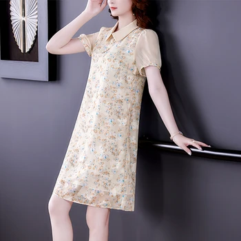 Amoreira seda seda vestido floral vestido de verão 2023 mulher manga curta slim estrangeiros estilo de Uma linha de saia