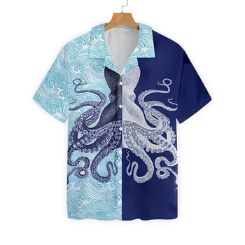Animais do mar Shirt Para Homens Casual Camisa Havaiana de Tubarão, Polvo Imprimir a Camisa dos Homens Praia de Viagem Superior de grandes dimensões de Manga Curta Blusa