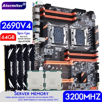 Atermiter Dupla X99 placa-Mãe Com 2011-3 XEON E5 2690 V4*2 CPU Com 4pcs X 16GB = 64GB DDR4 3200MHz de Memória do Servidor de Combinação Kit de