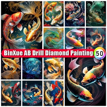 BinXue Animal Peixes Par AB Diamante Pintura Peixinho Flor Bordado de Diamante Carpa Lotus Artesanal DIY Mosaico Arte de Decoração de Casa