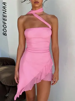 BOOFEENAA de Malha cor-de-Rosa de Babados Assimétricos Vestidos para a Mulher 2023 Sexy de Verão Halter Mini Vestido de Festa de Férias Roupas C83-BC19