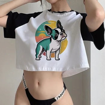 Boston Terrier hippie gótico crop top Mulher gráfico 90 Harajuku kawai roupas tshirt