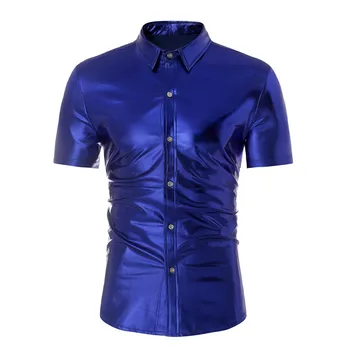 Brilhante Azul Real Metálico Revestido Camisa de Homens DJ Discoteca, Baile de Mens Camisas de Vestido de Festa de Estágio Cantor Camisa Masculina Camisa Masculina
