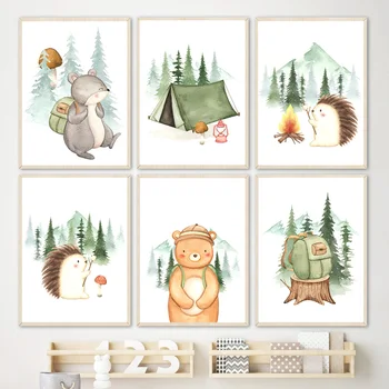 Cartoon Floresta Barraca De Camping Animais Ouriço Urso De Arte Da Lona Da Pintura Nórdica Cartazes Impressões De Parede Imagens Para Decoração De Quarto De Crianças