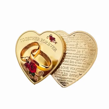 Casamento de colecionador de Moedas de Ouro do Casal Amor Anel Moeda Comemorativa Banhado a Ouro de Moeda em forma de Coração