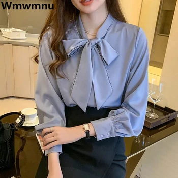 Chiffon Arco Solto Francês Elegante Blusas Primavera Mulheres Blusa Casual Sólido De Manga Longa A Nova Moda De Camisas Coreano Chique Tops 2023
