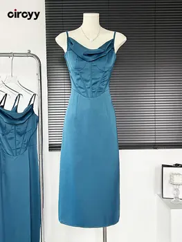 Circyy Vestido para as Mulheres Skinny, Vestidos Vintage de Espaguete fita para Voar de Cetim Fenda na Perna Vestidos de Noite Novo e Elegante Vestidos