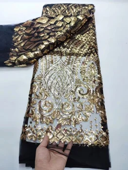 Cor de ouro lantejoulas africana tecido de renda 2022 alta qualidade lace francesa tecido de malha de paetês nigeriano tecido de renda 5yards