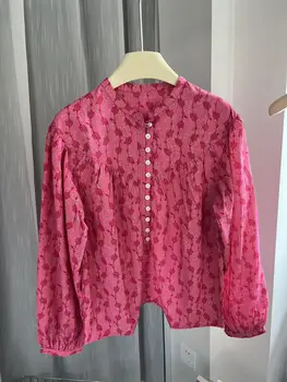 cor-de-rosa Algodão Impresso Blusa O-pescoço Mangas compridas de grandes dimensões TOPS