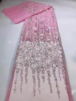 Cor-de-rosa de Noiva de Tule Tecido do Laço de Luxo Qualidade de Casamento 2022 Africana Laço de Malha Bordado Frisado Lantejoulas Tecido 5Yards