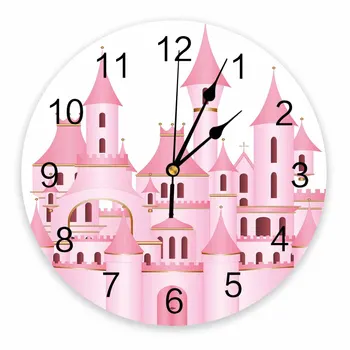 Cor-De-Rosa Dos Desenhos Animados De Castelo Branco Decorativo Redondo Relógio De Parede Algarismos Arábicos, Design Não Tique-Taque Do Relógio Parede Grande Para Quartos De Banho