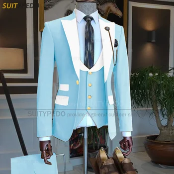 Céu Azul Ternos para Homens Slim Fit Moda Blazer Colete Calças de 3 peças sob Medida Luxo de Desempenho de Negócios de Casamento Mens Smoking