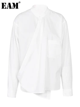 [EAM] Mulheres Brancas Irregulares em Tamanho Grande Blusa Nova posição Gola Manga Longa Ajuste Solto Camisa de Moda Maré de Primavera Outono 2023 CP1121