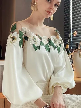 Elegante Bordado Floral Mulheres Camisa De Manga Longa De Malha Mancha Feminino Coreano Blusa Estilo De 2023 Primavera Verão Camisas