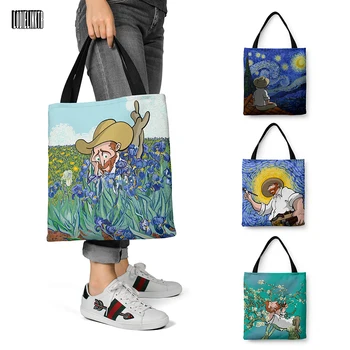 Engraçado Pintura A Óleo, Desenho Animado Sacola Mulheres Van Gogh Estrelas, Noite De Lua Criativo Retro Casual Shopper Bag Com Zíper De Grande Capacidade