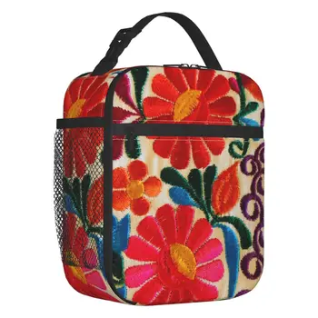 Fiambrera térmica con estampado 3D de flores mejicanas para mulher, bolsa de almuerzo con patrón de bordado, textil reutilizable,