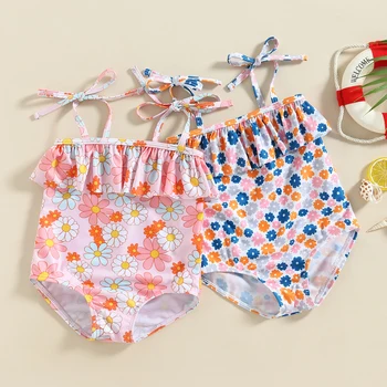 FOCUSNORM 0-3Y Infantil Bebê Meninas trajes de Banho sem Mangas Laço Cintas de Espaguete de Babados com estampa floral Swimsuit de Praia