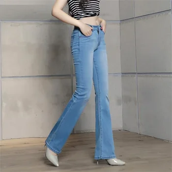 Frete grátis 2023 Mulheres de Verão Fina boca-de-Sino Jeans Feminino Meados de Calças de Cintura Elástica Boot Cut Calças de Cor da Luz