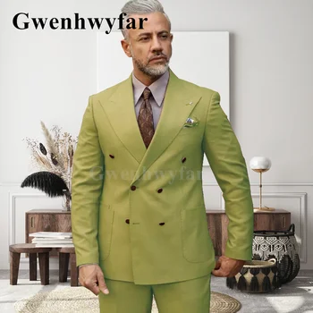 Gwenhwyfar Nova Moda dos Homens de abotoamento Duplo Especial Bolsos Luz Verde de Casamento de 2 peças de Melhor armadura do Homem de Jaqueta Com Calças