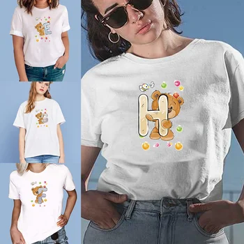 Harajuku Verão T-shirts Mulheres de Roupas Casuais 26 de inglês Urso Letra Impressa Tops Tee Feminina T-Shirt de Manga Curta Streetwear