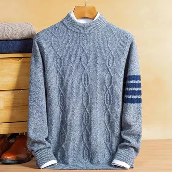 High-end de lãs de 100% sweater dos Homens novos do inverno da marca jacquard faixa coreano casual camisola de Moda Versátil quente de luxo pulôver
