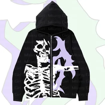 Hip Hop Esqueleto Impressão gráfica goth Moletom unisex Camisolas Harajuku Punk zip hoodie de grandes dimensões capuz casaco y2k casaco de homem