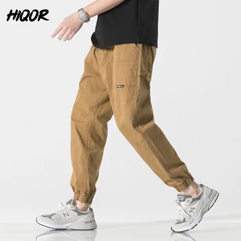 HIQOR 2023 Homem de Carga Hip Hop Harém de Algodão Streetwear Calças Casuais Sólido Jogger Calças Bolso do Lado dos Homens de calças de Moletom Cinza, Cáqui
